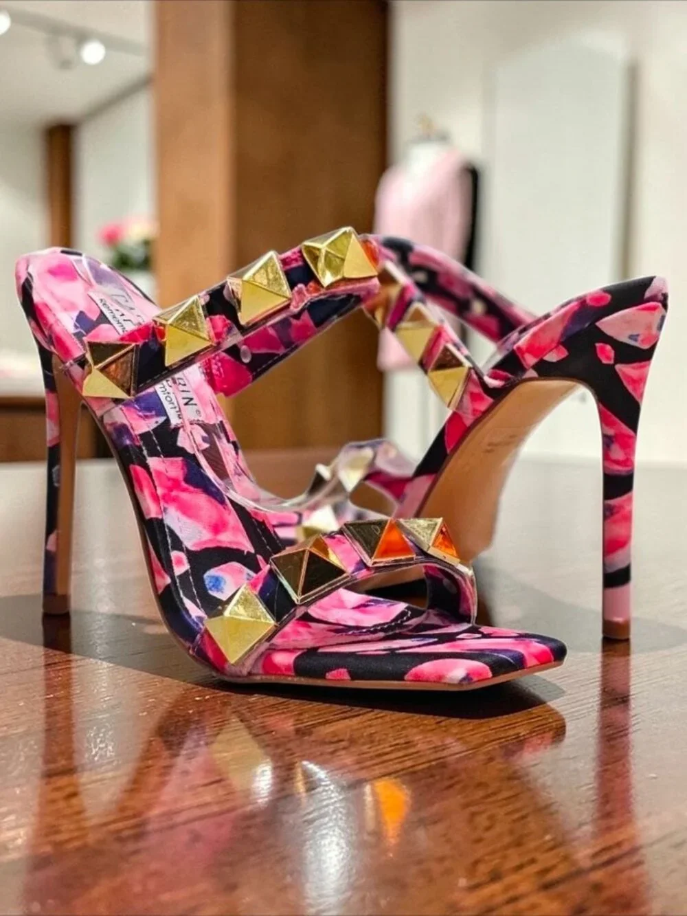 Pink & Gold Studded High Heel Sandals With Floral Pattern Open Toe Stiletto Heel - Picture 12 of 13